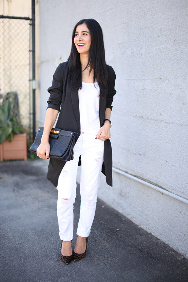 black blazer white jeans