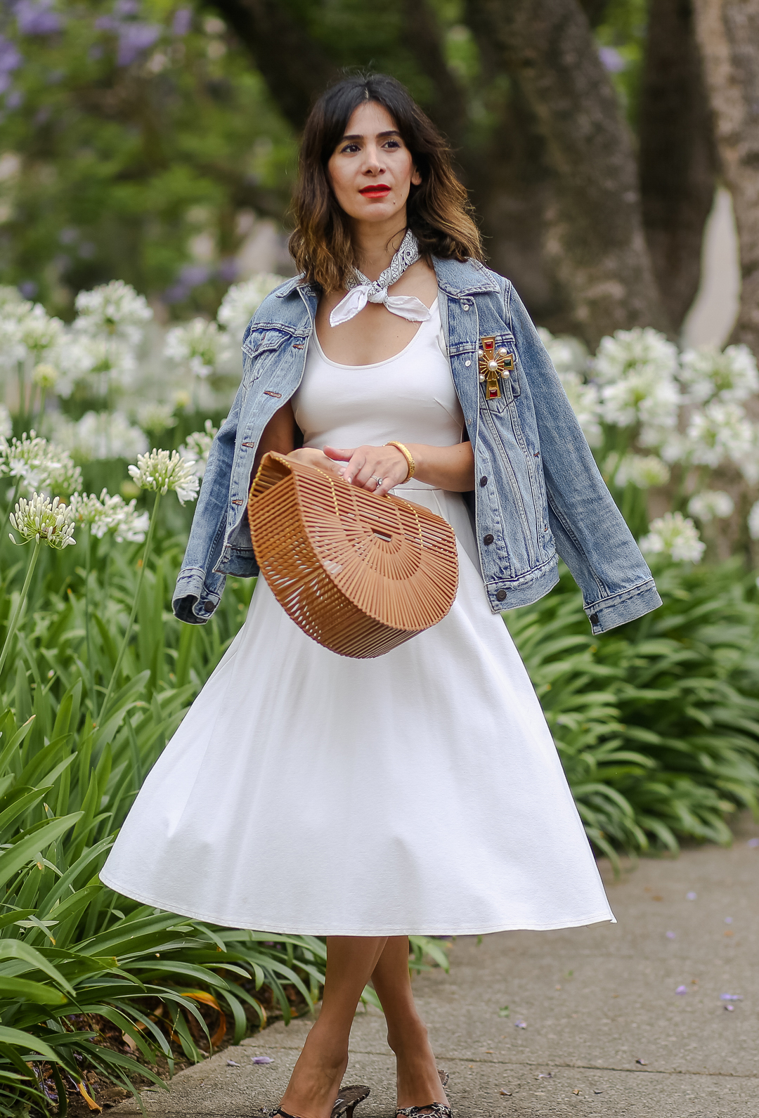 white dress and denim jacket outfit